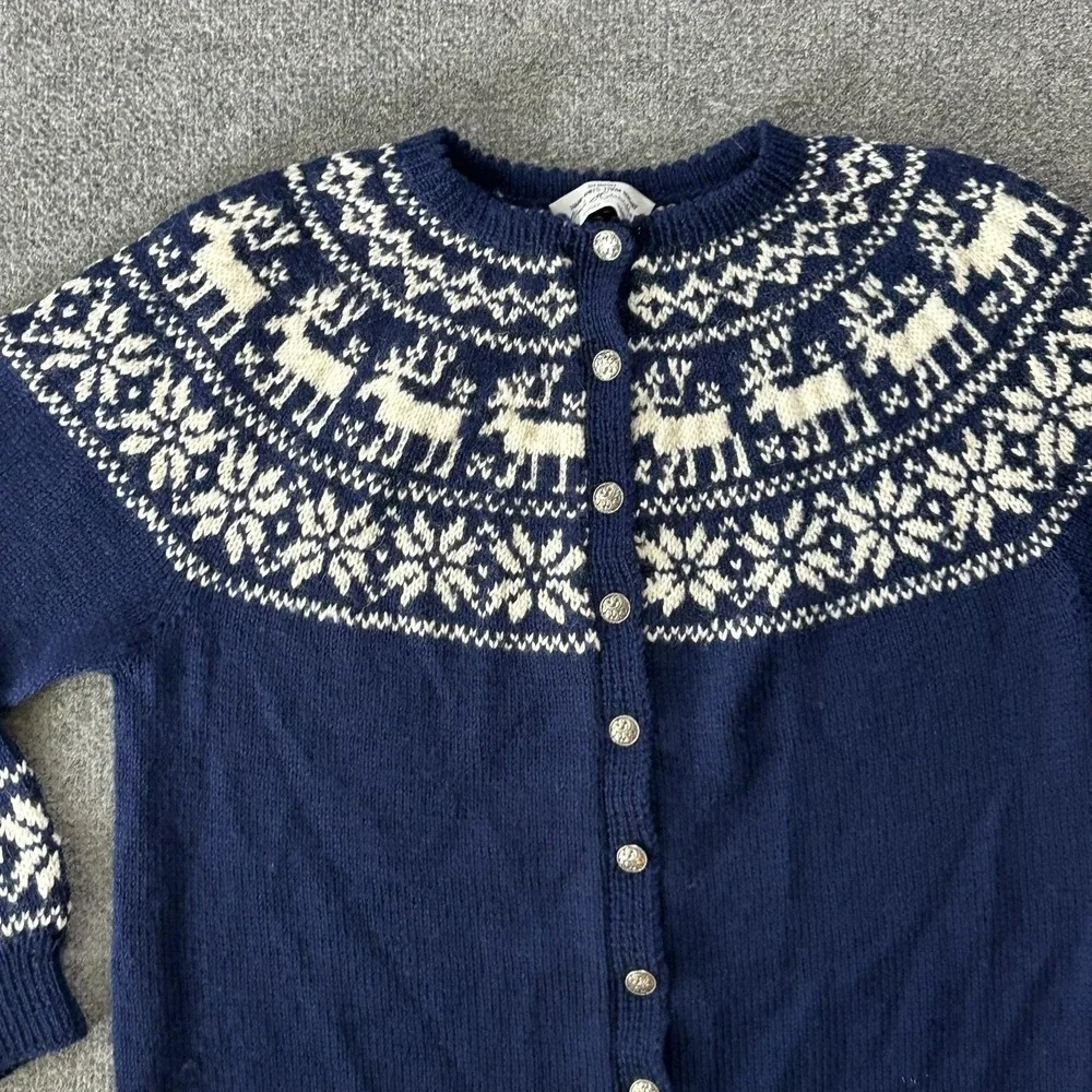 Norsk Håndstrikk Cardigan Womens Medium Blue Wool Reindeer Fair Isle Norway
